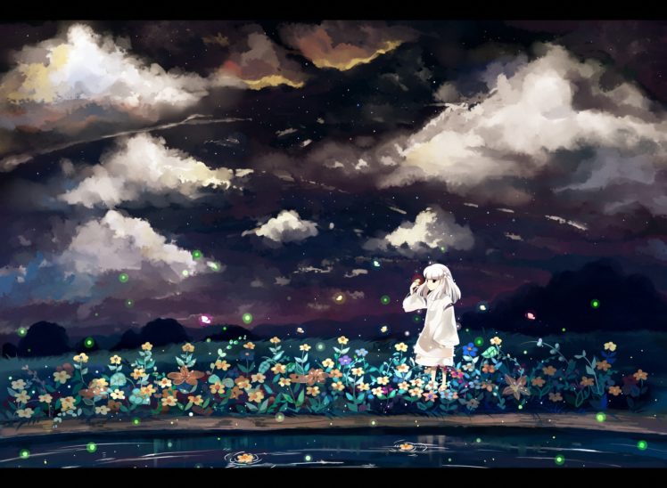 women, Water, Clouds, Dress, Flowers, Butterfly, Fireflies HD Wallpaper Desktop Background