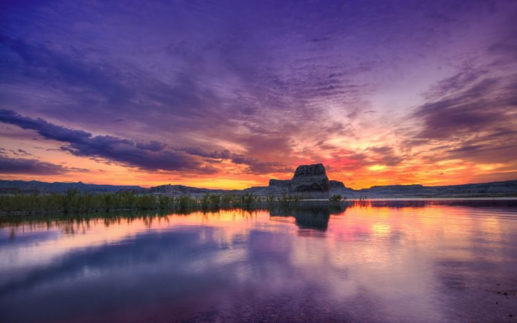 water, Sunset, Clouds, Landscapes, Nature, Hills, Rocks, Mesas HD Wallpaper Desktop Background