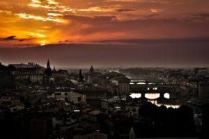 sunset, Clouds, Landscapes, Horizon, Dawn, Tower, Bridges, Buildings, Darkness, Town, Italy, Florence, Rivers, Cities