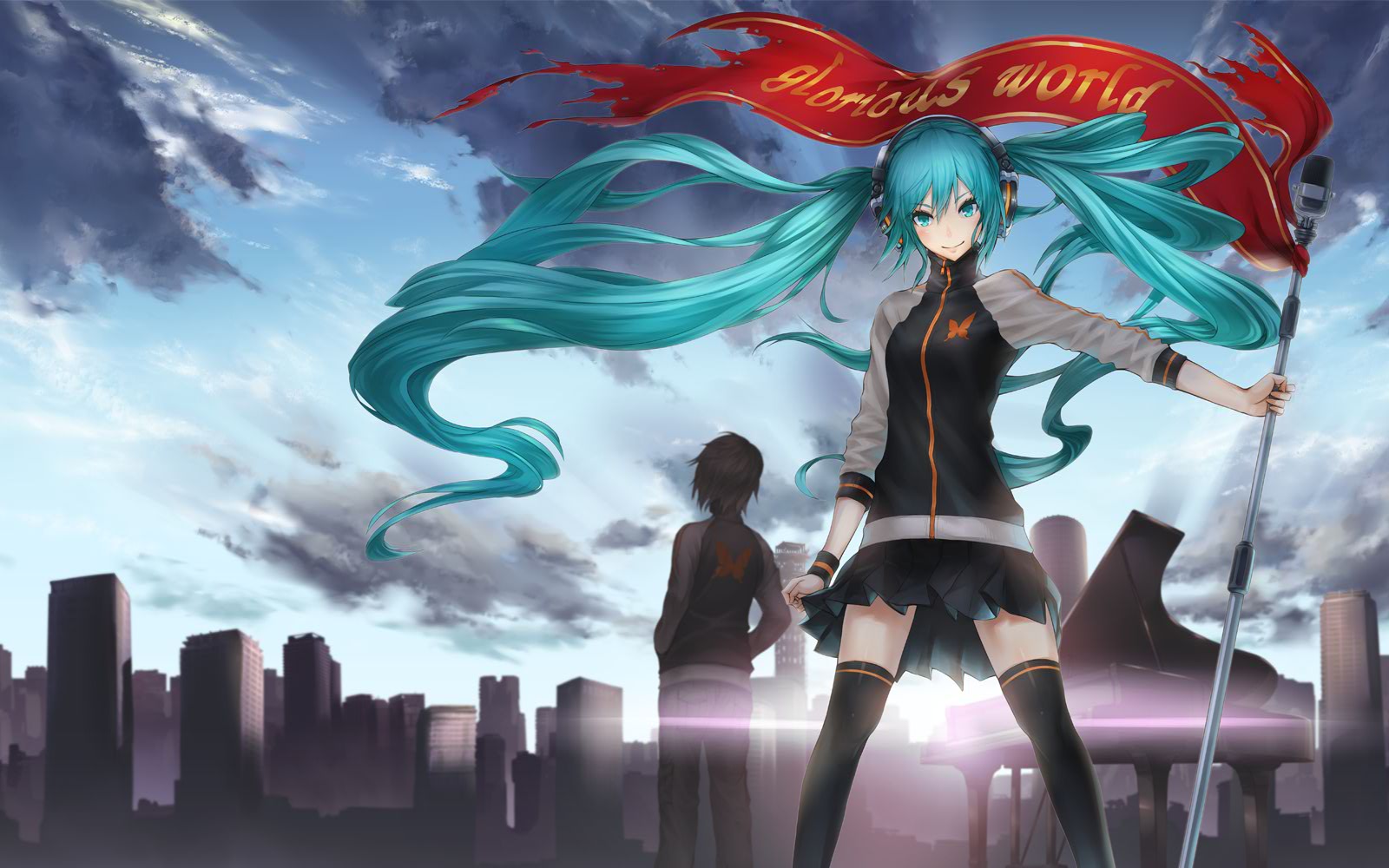 vocaloid, Butterfly, City, Clouds, Hatsune, Miku, Headphones, Instrument, Long, Hair, Microphone, Nidy 2d , Piano, Sky, Thighhighs, Twintails, Vocaloid Wallpaper