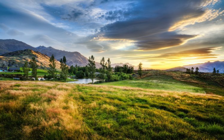 new, Zealand, Sunset, Prairie, Mountains, Pond, Landscape HD Wallpaper Desktop Background