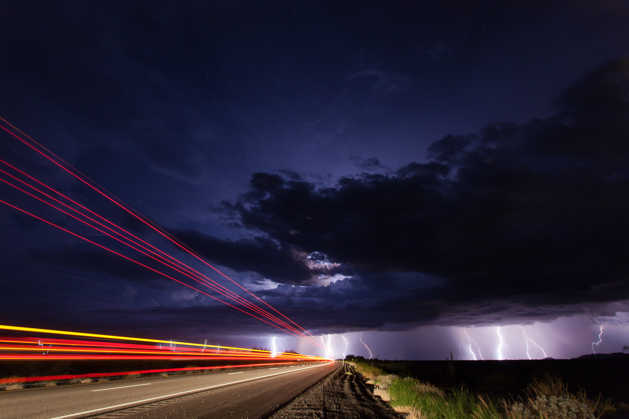 night, Sky, Clouds, Lightning, Lightning, Road, Light, Exposure Wallpaper