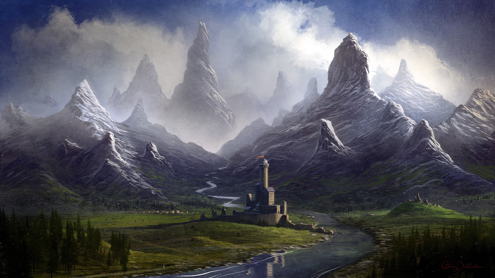 castle, Drawing, Mountains Wallpaper