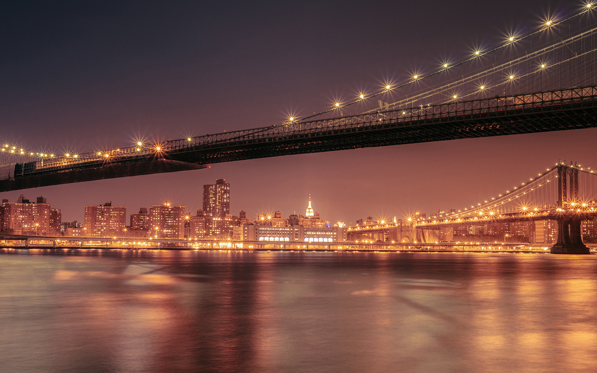 new, York, Buildings, Skyscrapers, Night, Bridge, River Wallpaper