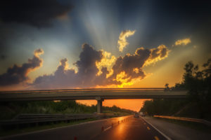 sunset, Overpass, Clouds, Freeway, Highway, Road