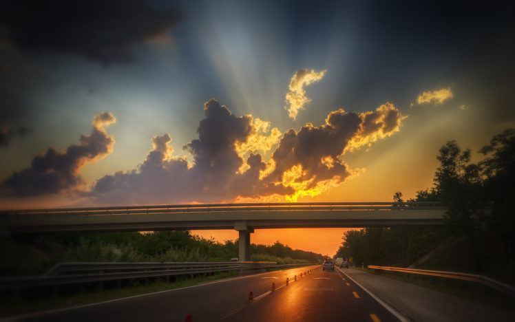 sunset, Overpass, Clouds, Freeway, Highway, Road HD Wallpaper Desktop Background