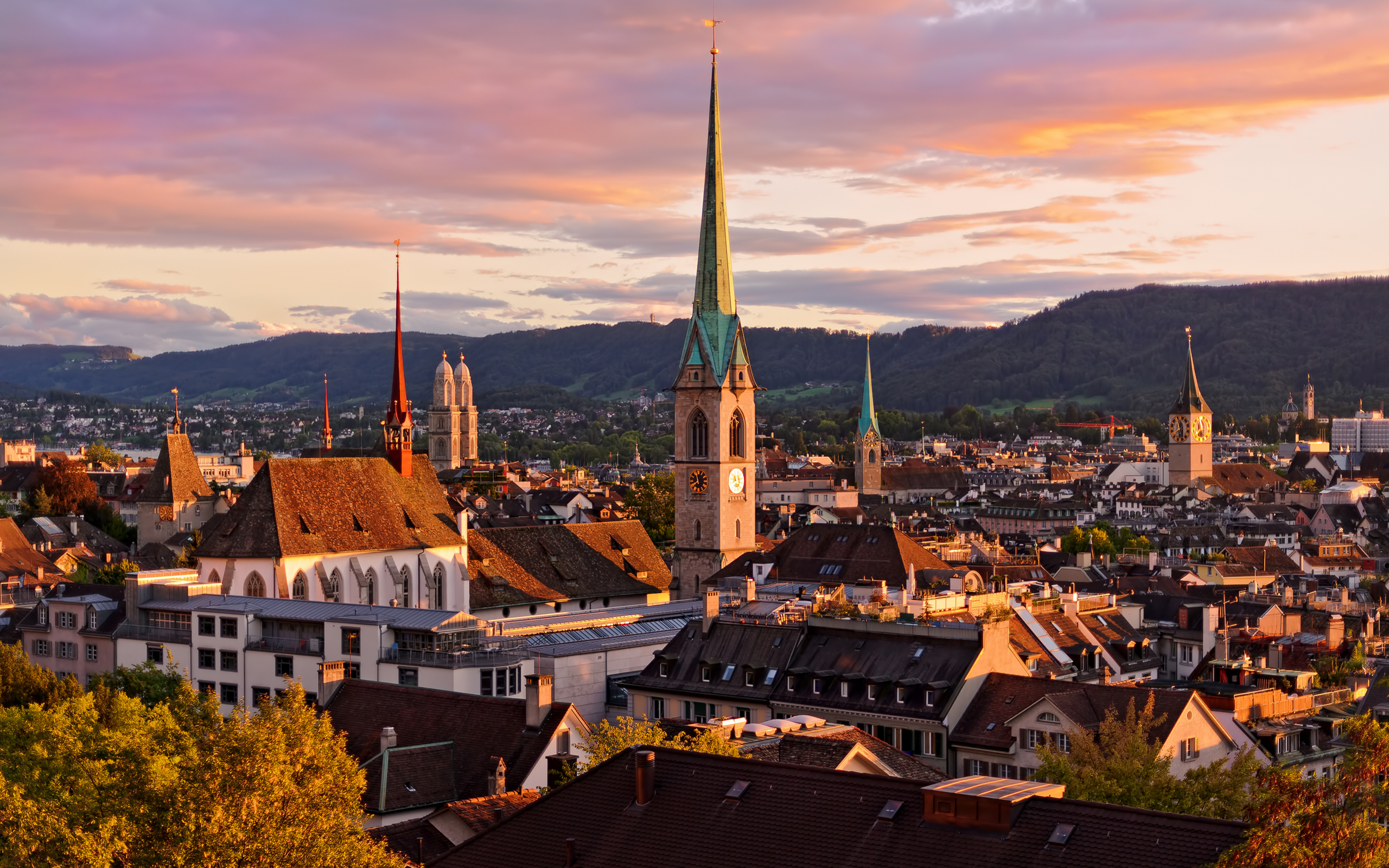 evening, Zurich, Houses, Sunset, Switzerland Wallpaper