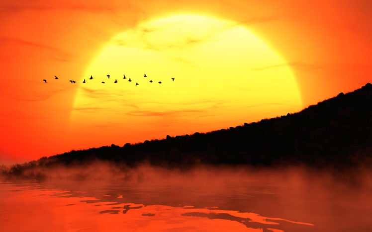 sunset, Fog, Sun, Beach, Silhouette HD Wallpaper Desktop Background