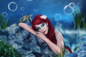 mermaid, Underwater, World, Redhead, Girl, Bubbles, Bokeh