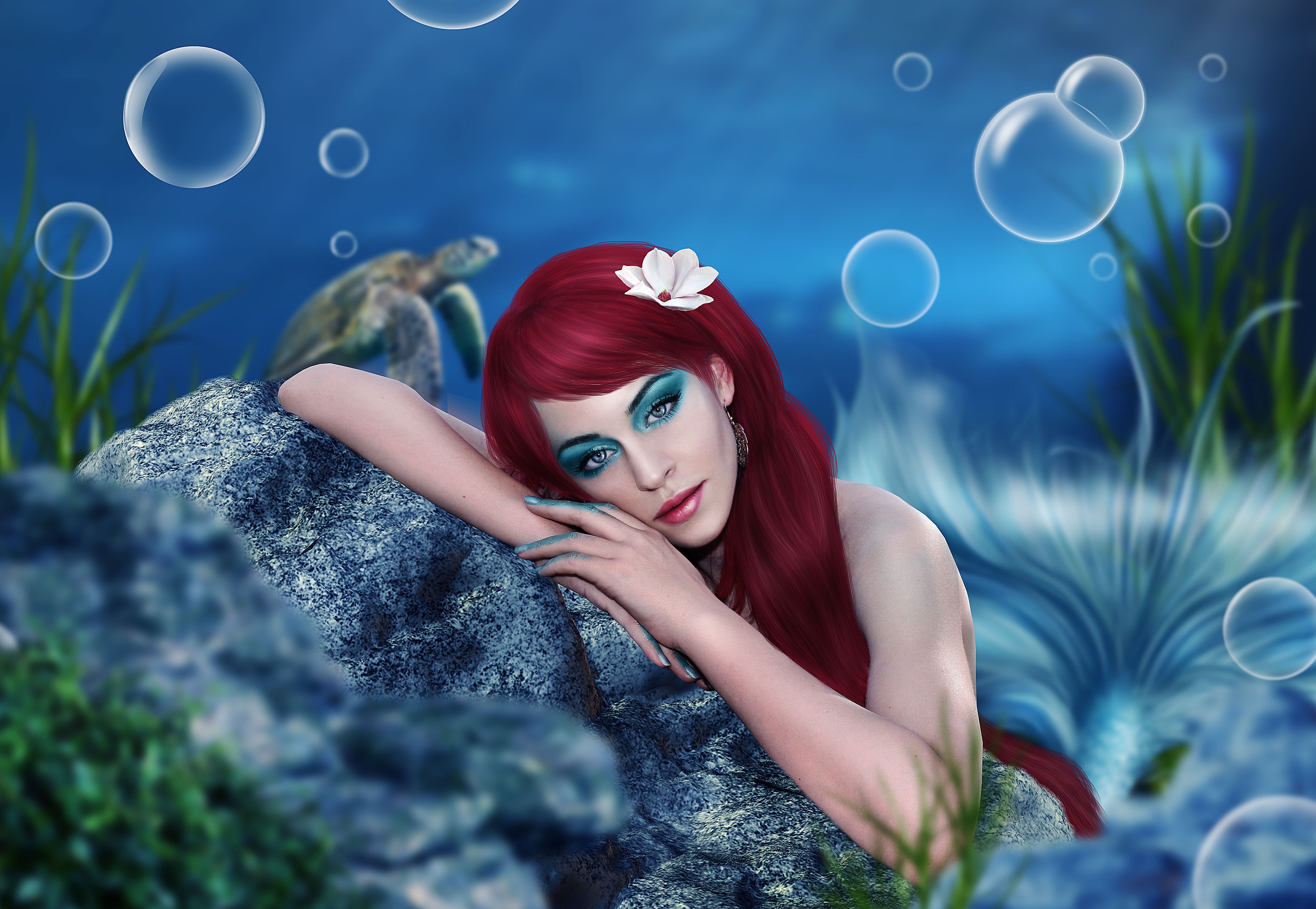 mermaid, Underwater, World, Redhead, Girl, Bubbles, Bokeh Wallpaper