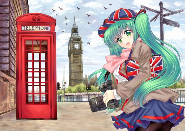 vocaloid, England, Camera, Baseball, Cap, Skirt, Big, Ben, Telephone, Anime, Girls HD Wallpaper Desktop Background