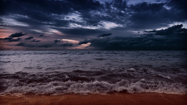 sea, Aeyaey, Waves, Beach, Sand, Clouds, Evening HD Wallpaper Desktop Background