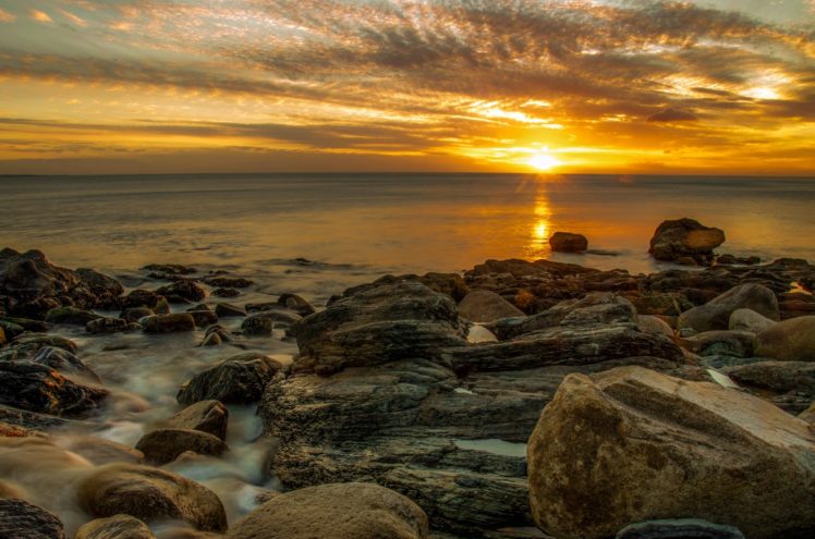 sea, Aeyaey, Rocks, Sunset, Sky, Clouds, Beach, Reflection HD Wallpaper Desktop Background