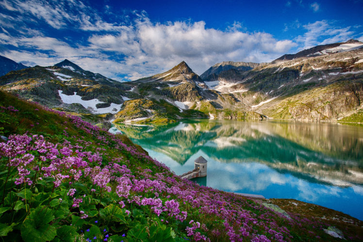 austria, Mountains, Lake, Flowers, Landscape, Reflection HD Wallpaper Desktop Background