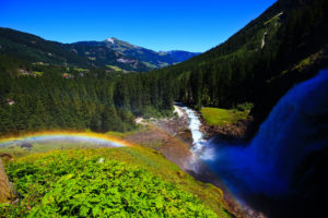 austria, Rainbow, Mountains, River, Forest