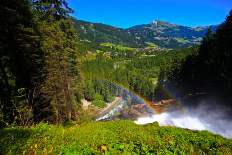 austria, Rainbow, Mountains, Valley, Village, Forest, Panorama, Landscape HD Wallpaper Desktop Background