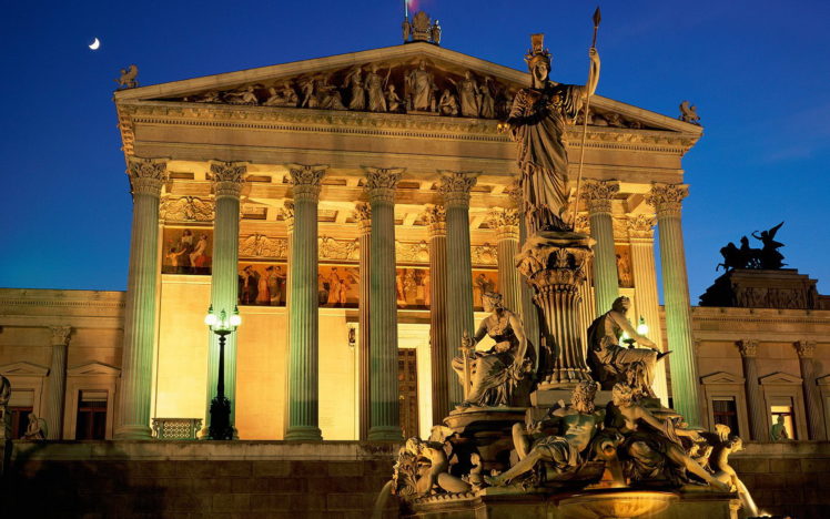 architecture, Wien, Austria, Pallas, Athena, Fountain, Parliament, Building, Night HD Wallpaper Desktop Background