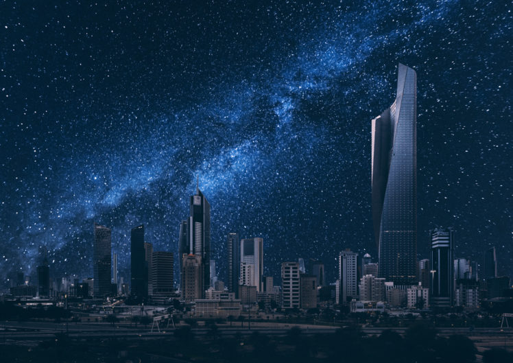 kuwait, The, Stars, Sky, Night, City, Buildings HD Wallpaper Desktop Background