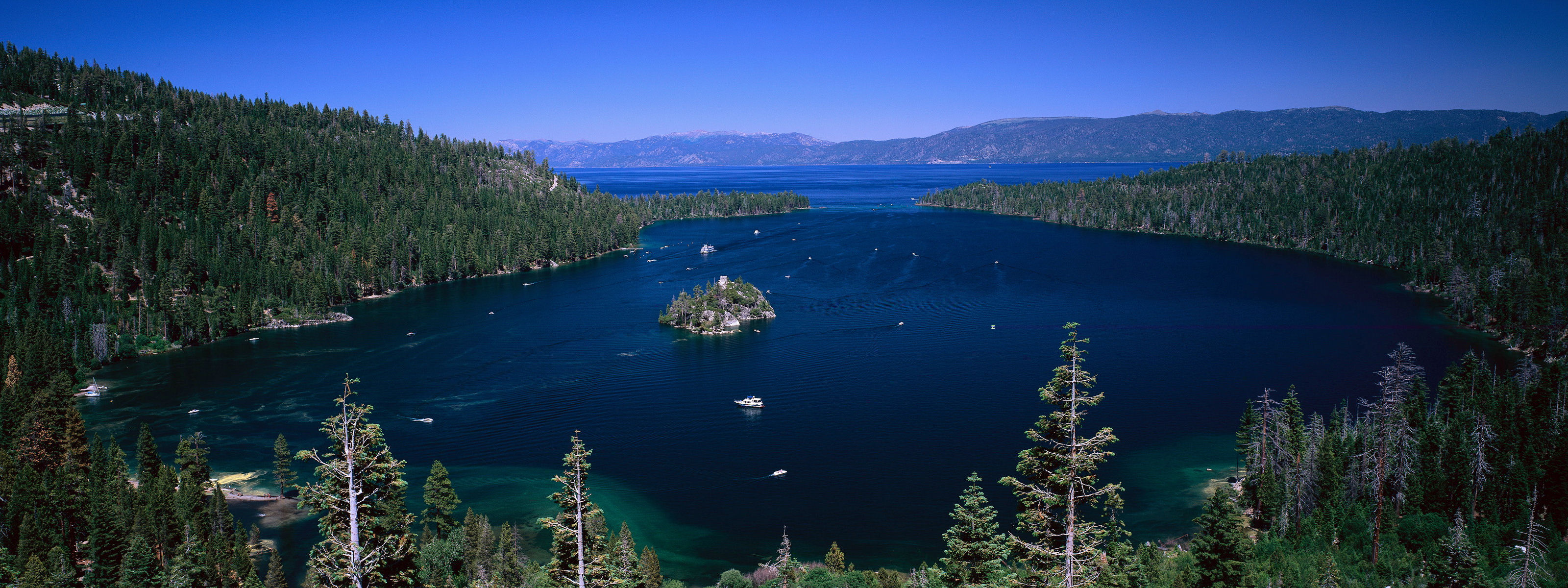 mountains, Landscapes, Forest, Islands, Boats, Vehicles, Multiscreen, Lake, Tahoe, Emerald, Bay Wallpaper