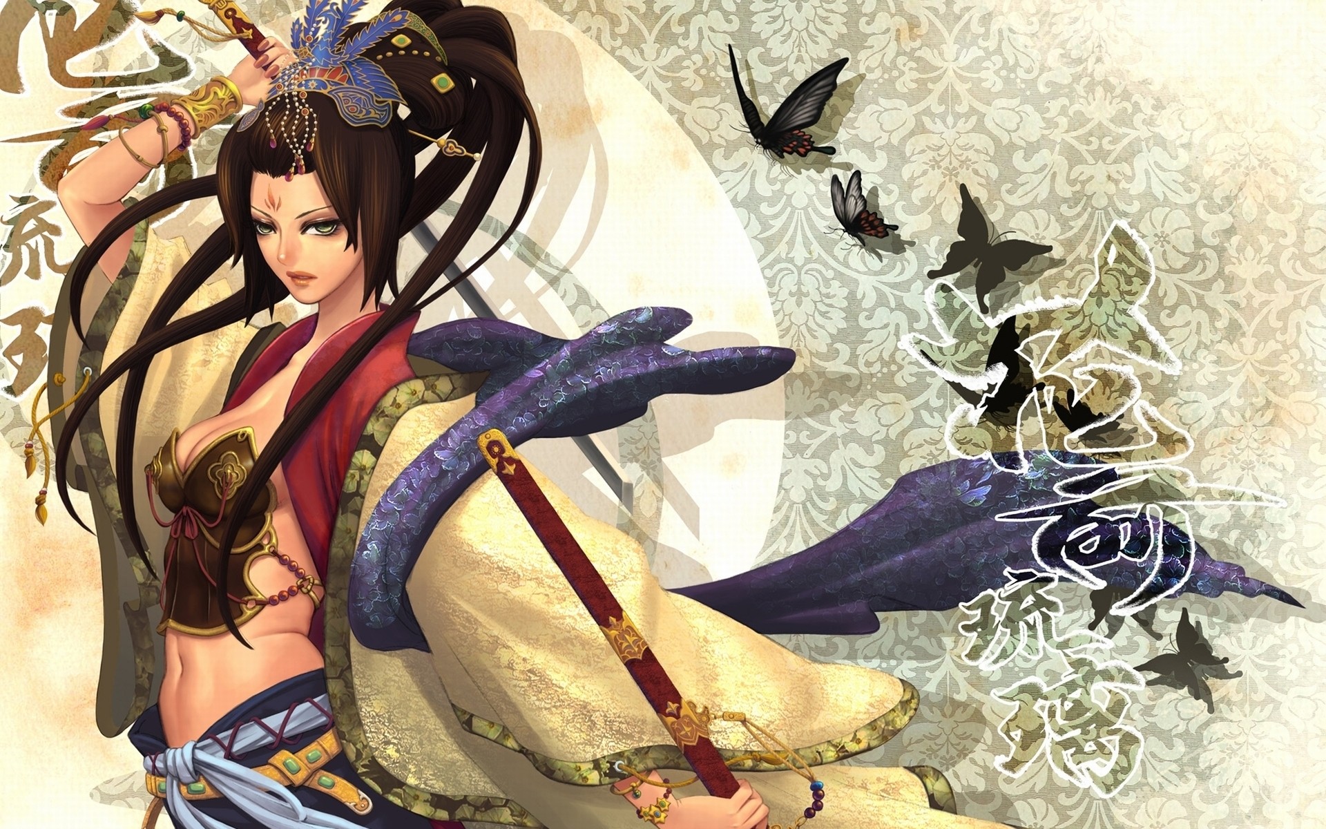 butterfly, Patterns, Weapons, Artwork, Anime, Girls, Swords Wallpaper