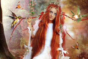 redhead, Mood, Bird, Butterfly, Forest, Girl