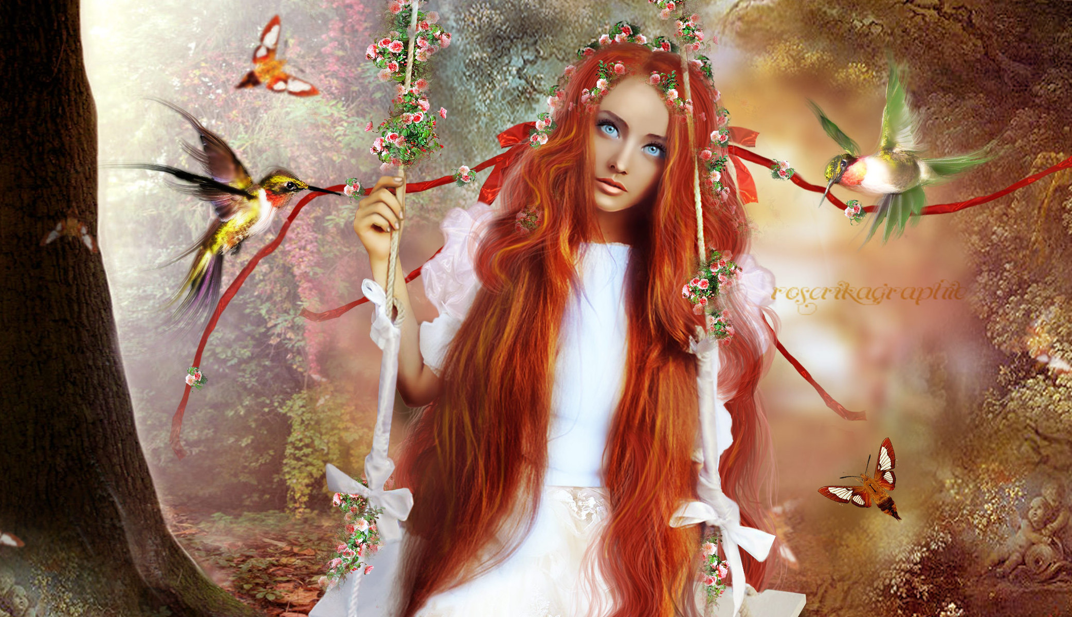 redhead, Mood, Bird, Butterfly, Forest, Girl Wallpaper
