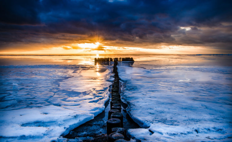 sunrise, Sunset, Sea, Ice, Clouds, Nature, Ocean, Winter HD Wallpaper Desktop Background