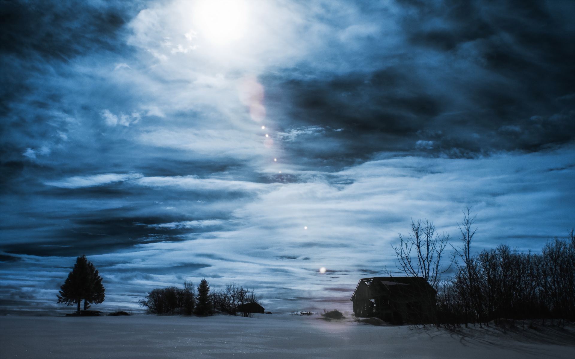 night, Winter, House, Landscape, Clouds, Sky Wallpaper