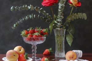 strawberries, Peaches, Flowers, Roses, Vase, Still, Life