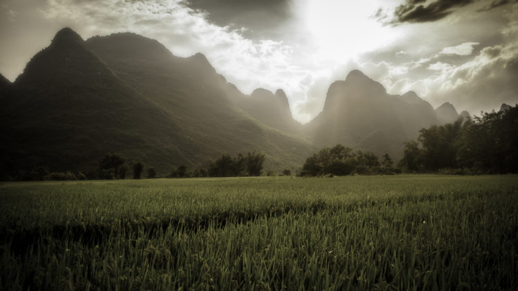field, Mountains, Landscape, Sunlight HD Wallpaper Desktop Background