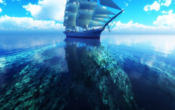 clouds, Sea, Ships, Digital, Art, Skyscapes, Coral, Reef HD Wallpaper Desktop Background