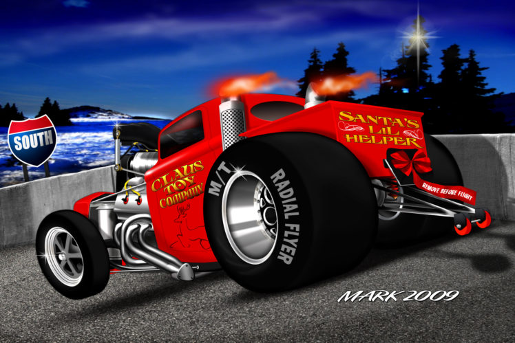 hot, Rod, Engine, Art, Christmas, Santa, Wheel, Custom, Retro HD Wallpaper Desktop Background