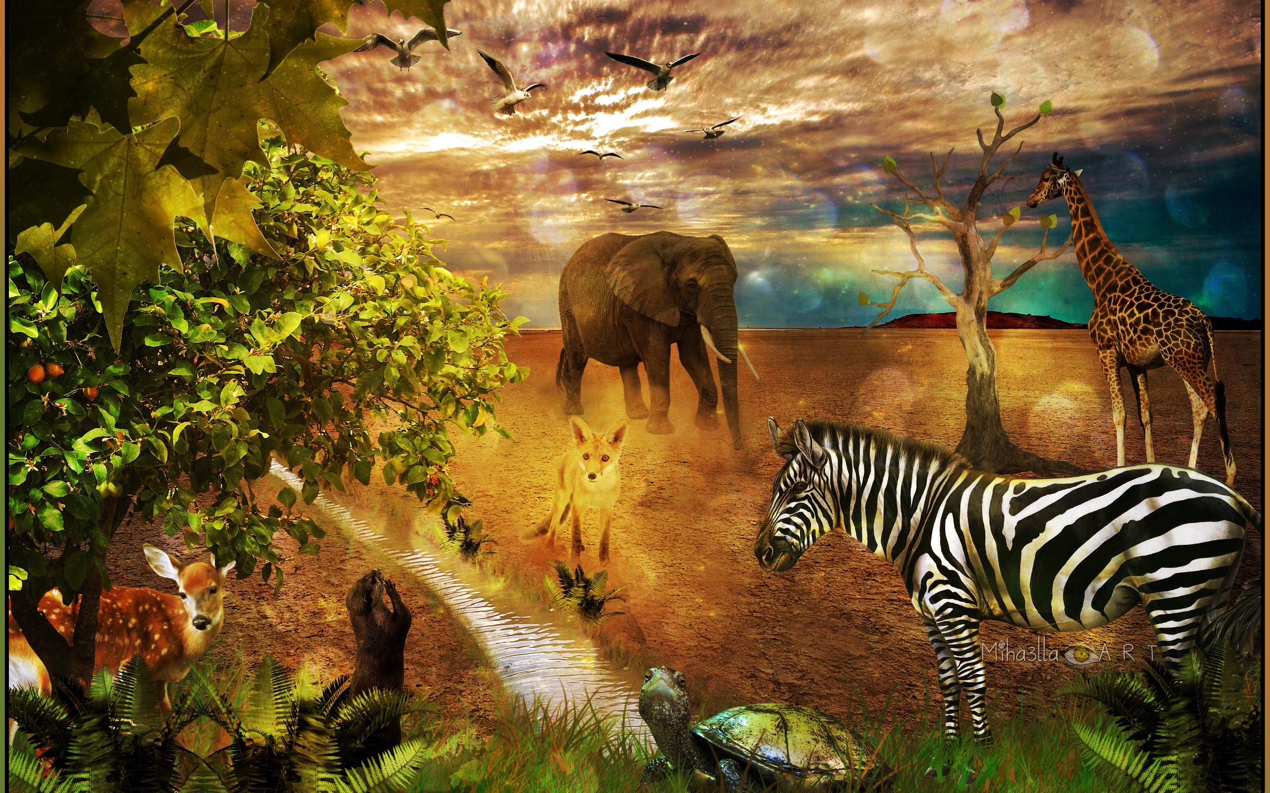 elephant, Zebra, Giraffe, Fox, Turtle, Deer, Art Wallpaper