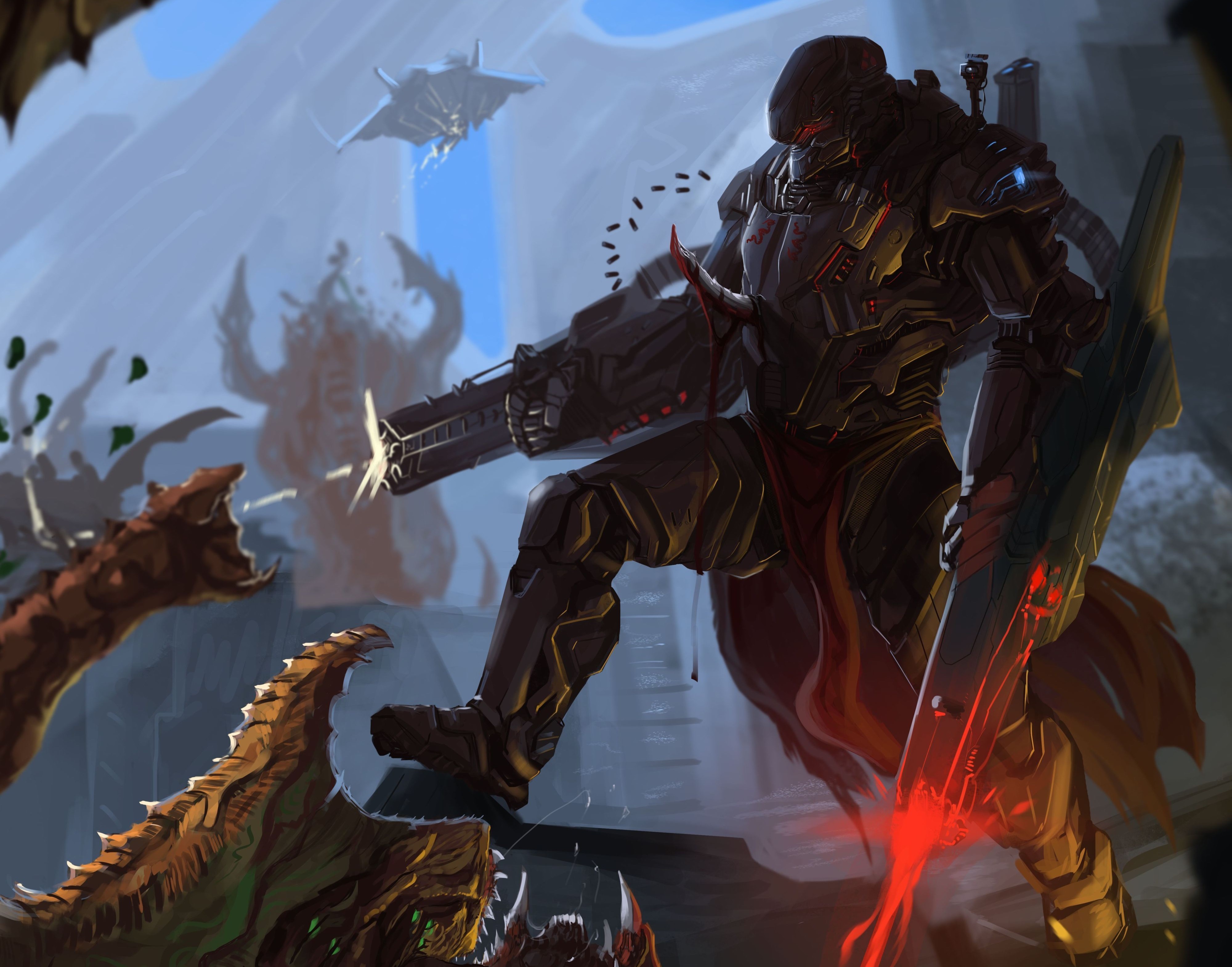 warrior, Assault, Rifle, Armor, Firing, Monster, Battle Wallpaper