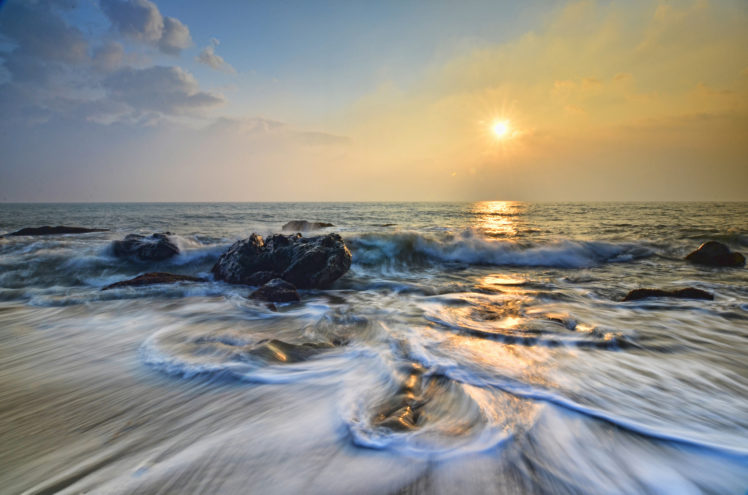landscape, Sunrise, Sun, Sea, Rocks, Waves, Surf, Coast HD Wallpaper Desktop Background