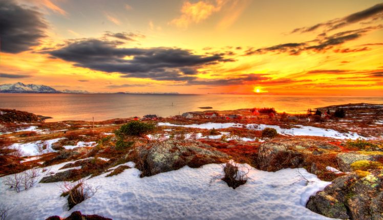 norway, Sunset, Sea, Pebo, Snow, Beach, Landscape HD Wallpaper Desktop Background