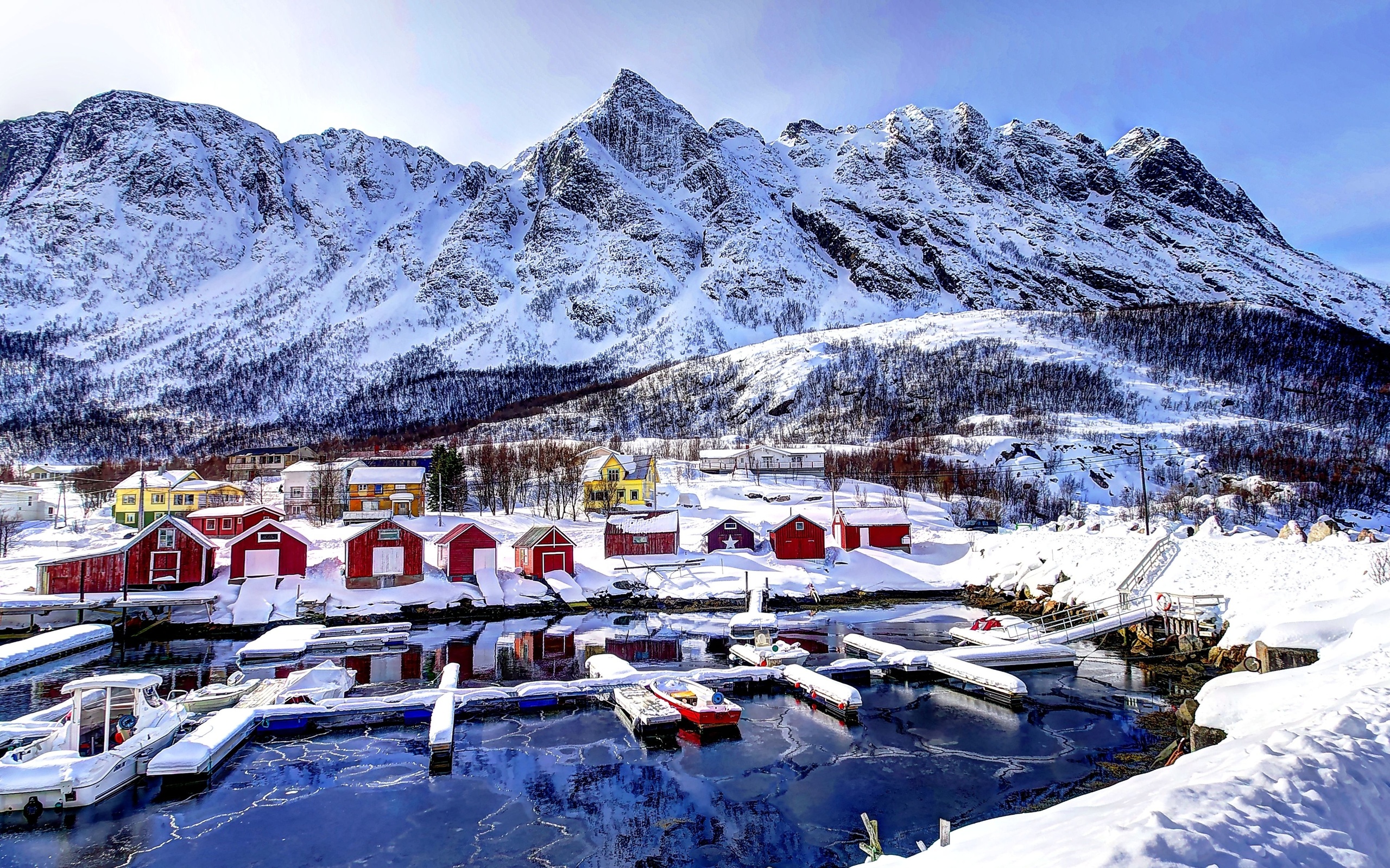 norway, Mountains, Houses, Winter, Snow, Marina, Landscape Wallpaper