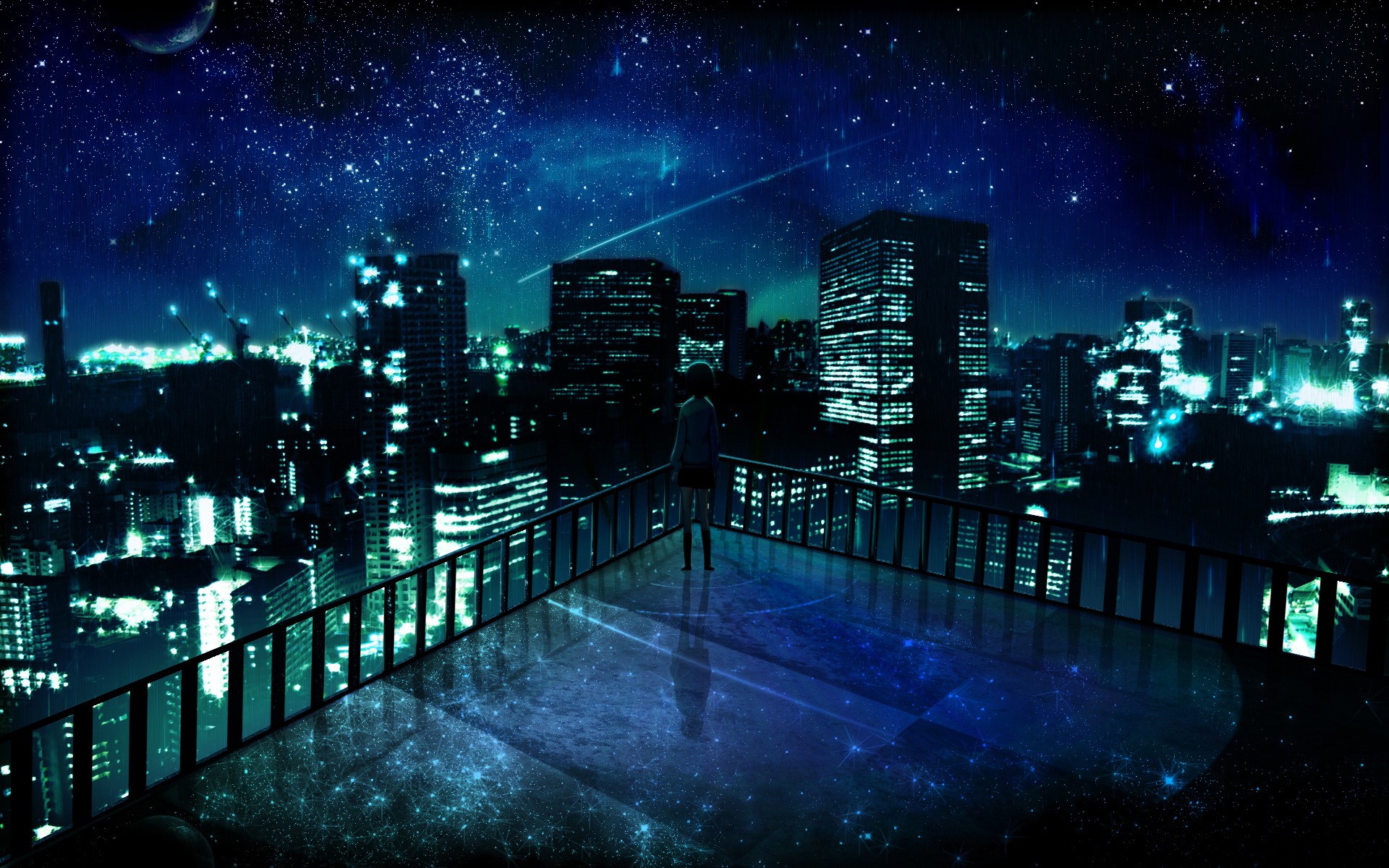 outer, Space, Cityscapes, Night, Stars, Alone, Balcony, Buildings, City, Lights, Artwork, Manga, Night, Landscapes Wallpaper