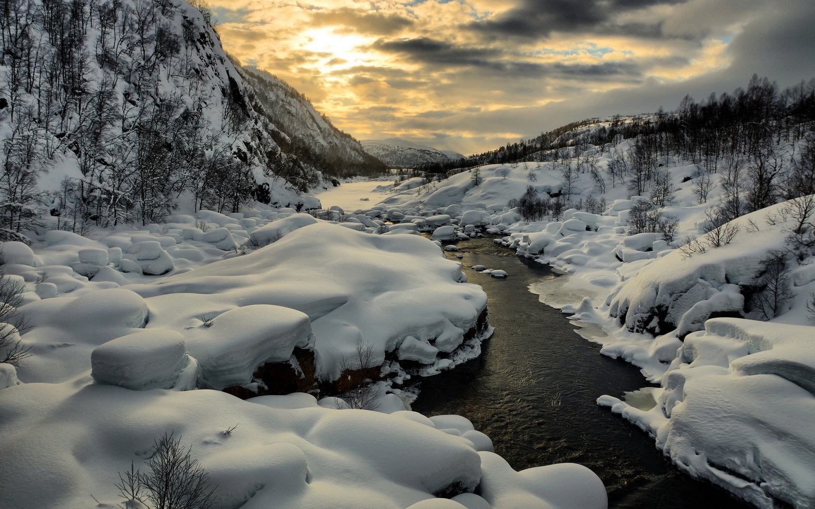 landscape, Mountain, Winter, Snow, River Wallpaper