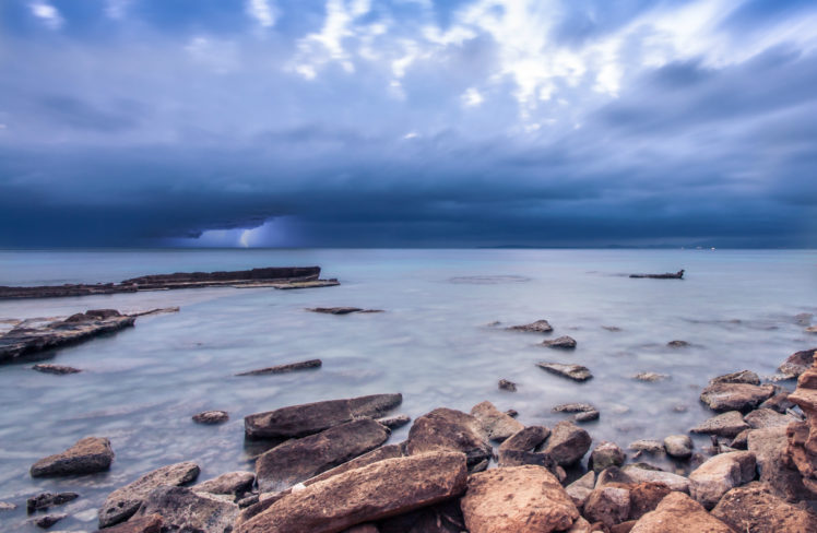 blue, Ocean, Rocks, Sky, Beach, Sea, Lightning HD Wallpaper Desktop Background