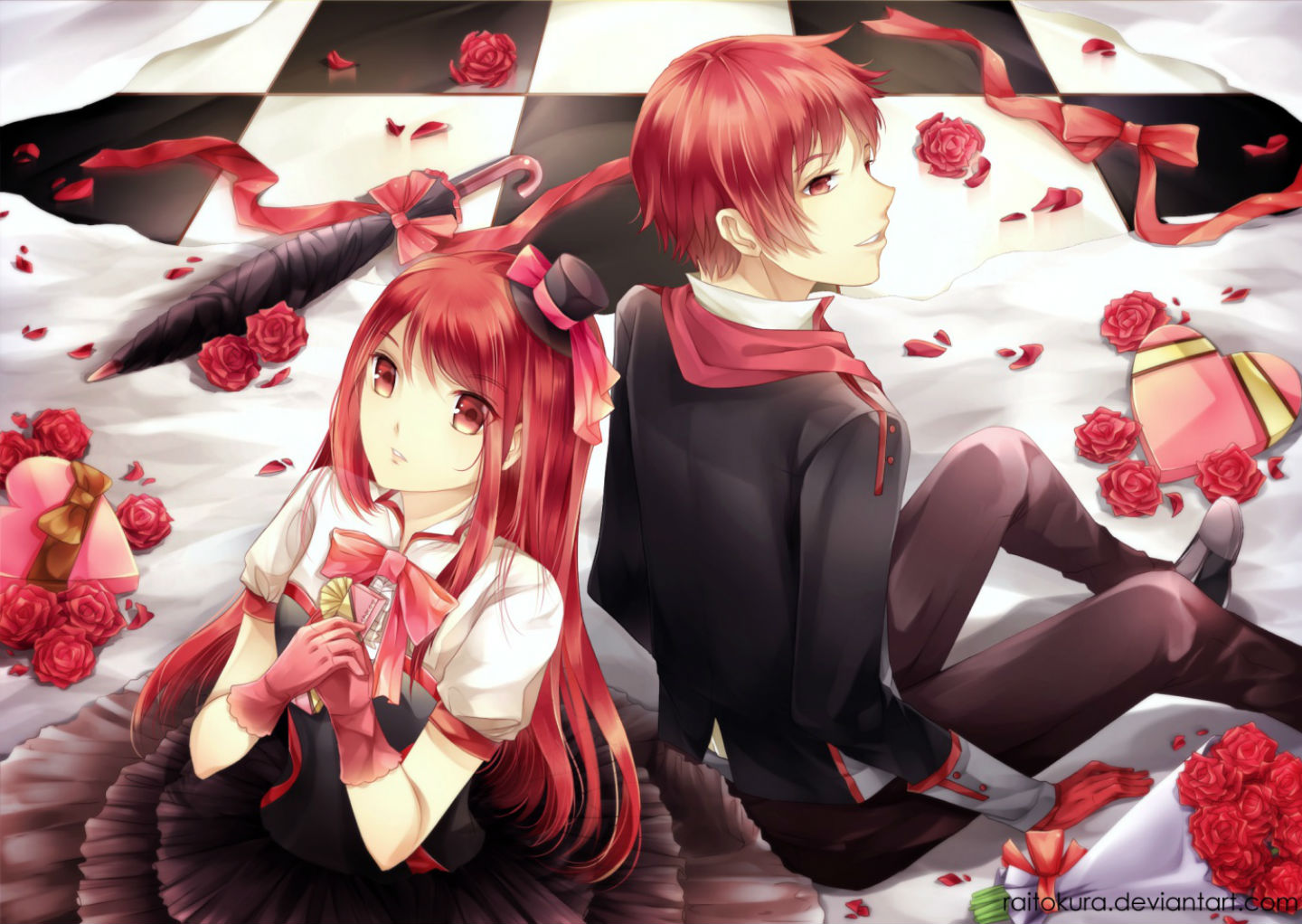 original, Flowers, Red, Eyes, Red, Hair, Rose, Umbrella, Valentine, Watermark Wallpaper