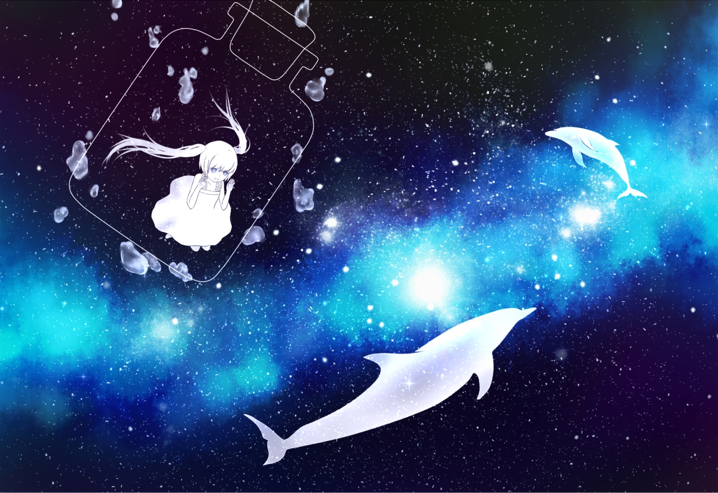 original, Animal, Bubbles, Dolphin, Dress, Original, Sky, Stars, Twintails, White, Hair Wallpaper
