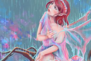 rain, Painting, Art, Redhead, Girl, Fantasy, Girl, Fairy, Mood, Bokeh
