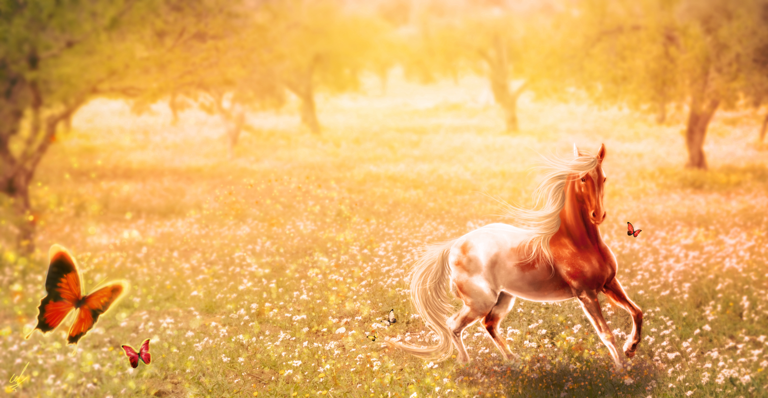 horse, Butterfly, Grasslands, Painting, Art, Animal, Mood Wallpaper