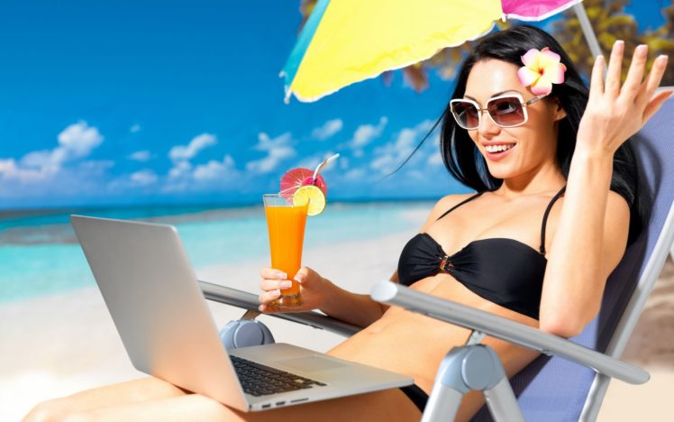 woman, Girl, Beauty, Summer, Beach, Laptop, Umbrella, Cocktail HD Wallpaper Desktop Background