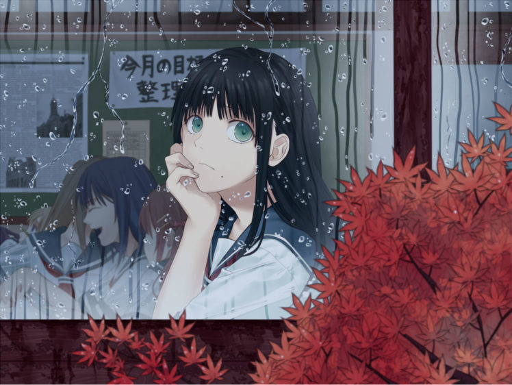original, Drops, Mood, Autumn, Black, Hair, Green, Eyes, Kosagi, Midori, Long, Hair, Original, Rain, Seifuku, Water HD Wallpaper Desktop Background