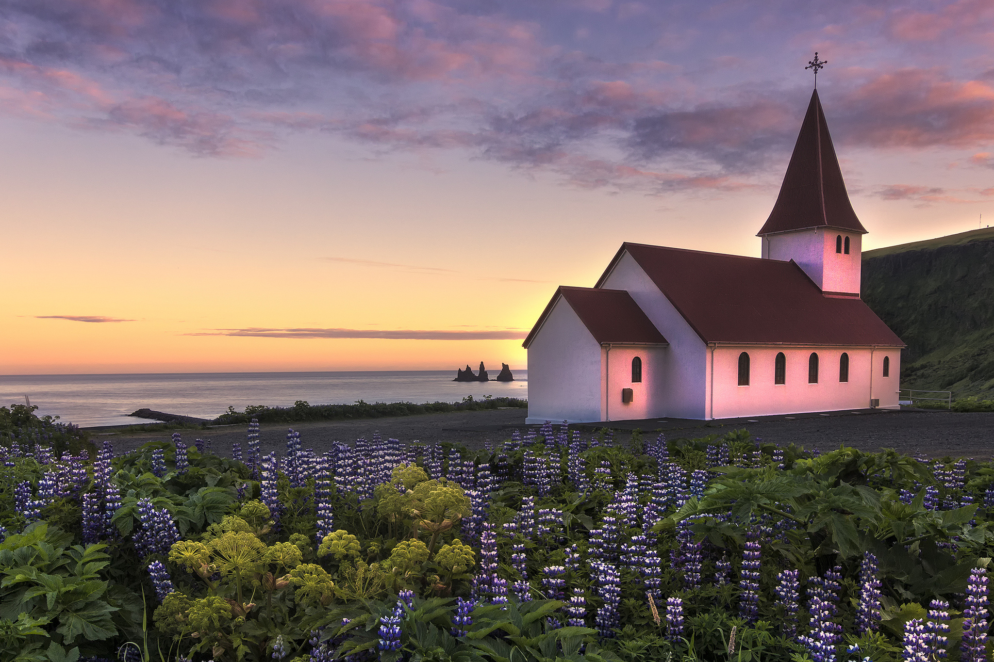 ocean, Flowers, Lupine, Church, Coast, Sunset Wallpaper