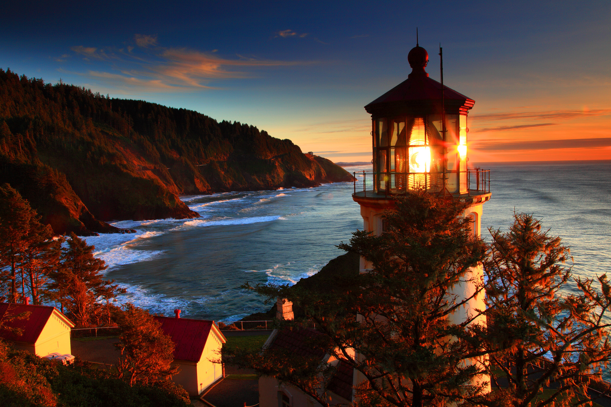 oregon, Coast, Sea, Lighthouse, Sunset, Landscape, Ocean, Sunrise, Autumn Wallpaper