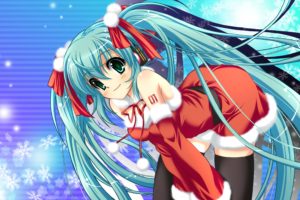 vocaloid, Hatsune, Miku, Costume, Ribbons, Blue, Hair, Christmas, Thigh, Highs, Twintails, Detached, Sleeves, Santa