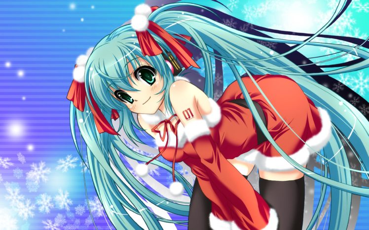vocaloid, Hatsune, Miku, Costume, Ribbons, Blue, Hair, Christmas, Thigh, Highs, Twintails, Detached, Sleeves, Santa HD Wallpaper Desktop Background